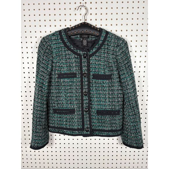 J Crew Blazer Women Tweed Fanfare Peackock Green Wool Blend Lined Metal Button s - Picture 1 of 9